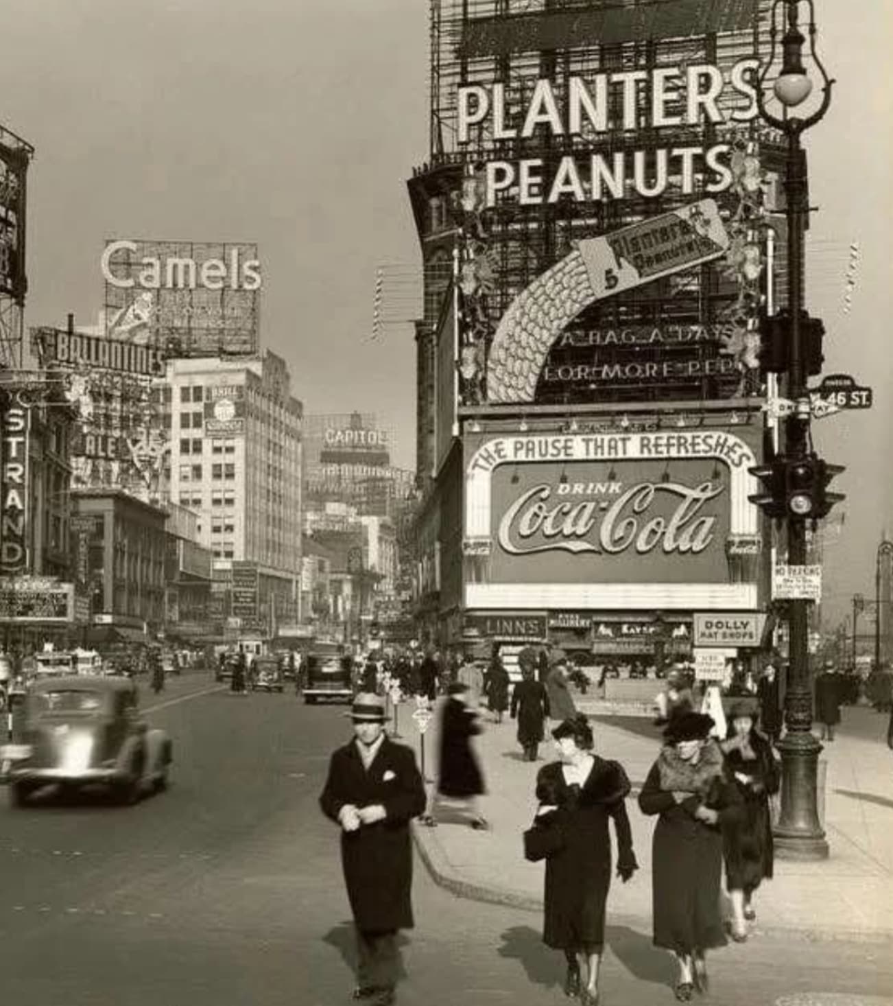 times square 1936 - Strand Camels Capitol Planters Peanuts planters A Bag A For More Pep Pause That Refreshes CocaCola 46 St. The Linns Dolly Mat Shops